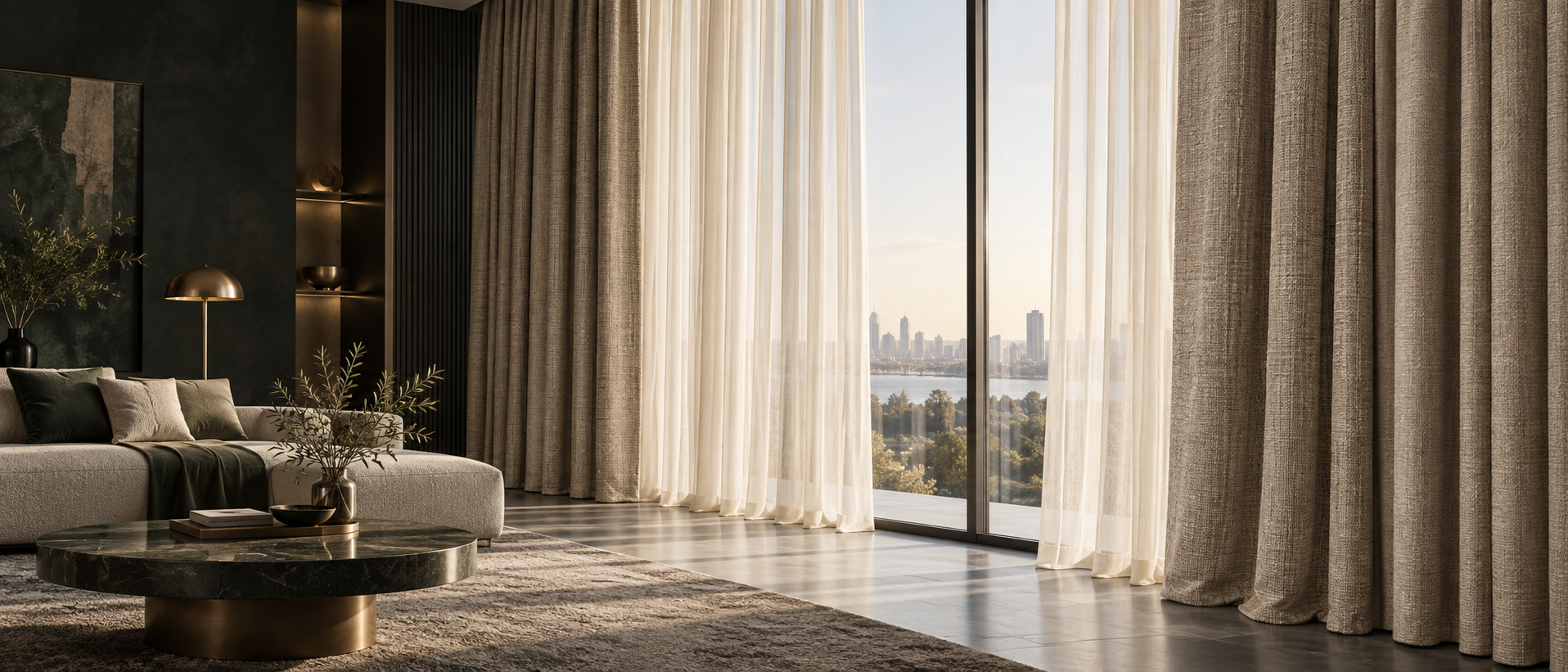 Premium curtain fabrics and sheer curtains in a contemporary interior